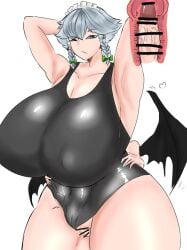 1futa 1girl1futa 1girls abs arms_behind_head bar_censor better_version_at_source big_breasts big_penis breasts carrottewi censored clothed clothing erection faceless_futanari female female_focus futa_on_female futanari grabbing_from_behind grey_hair heart height_difference huge_breasts human humanoid humanoid_penis larger_female light-skinned_female light-skinned_futanari light_skin muscular_female nipple_bulge old_art partially_clothed penis remilia_scarlet sakuya_izayoi sex sex_from_behind silver_eyes smaller_futanari solo_focus standing swimsuit thick_thighs thumbnail touhou vaginal_penetration venus_body white_background wings wink