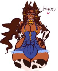 1futa animal_ears armwear balls big_balls big_breasts breasts bulge clothed clothing cowprint dark-skinned_futa flaccid futa_only futanari glaive_(wolflance) hand_on_hip huge_hips humanoid mostly_clothed overalls penis self_upload solo standing tail thick_thighs thighhighs wide_hips wolflance