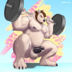 absurd_res anthro balls bear beard black_penis bodily_fluids brown_hair claws closed_eyes crouching erection exercise facial_hair fangs frohti fur genitals hair hi_res humanoid_genitalia humanoid_penis male mammal muscular muscular_anthro muscular_male nipples pecs penis polar_bear solo squats sweat teeth ursine weightlifting white_body white_fur workout