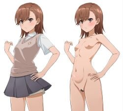 1girls 2020s 2023 areolae armpits asymmetrical_bangs bar_censor bare_shoulders bare_thighs blush breasts brown_eyes brown_hair brunette censored collarbone completely_nude completely_nude_female embarrassed embarrassed_nude_female female hair_flower hair_ornament hand_on_own_hip hi_res jahmonger looking_at_viewer matching_hair/eyes midriff miniskirt misaka_mikoto navel nipples nude nude_female pussy ribs school_uniform schoolgirl short_hair shorts shorts_under_skirt skirt small_breasts solo standing stomach teenage_girl teenager thighs to_aru_kagaku_no_railgun to_aru_majutsu_no_index tokiwadai_school_uniform white_background young