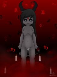 black_hair bodily_fluids breasts candle clitoris cum cum_on_pussy demon eve_(the_binding_of_isaac) female genital_fluids genitals grey_eyes hair hi_res horn humanoid long_hair nipples pussy silavos solo spade_tail summoning_circle tail the_binding_of_isaac watermark