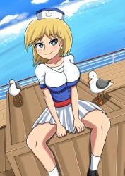 1girls anklehighs big_breasts blonde_hair blue_eyes breasts crew_socks cruise_ship eauderosh female female_only full_body full_color fully_clothed looking_at_viewer lori_loud ocean sailor_uniform seagull skirt socks solo the_loud_house white_socks