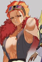 amputated_arm amputee annoyed arm_grab backup_(pixiv) big_breasts cleavage eustass_kid facial_scar female female_focus female_only genderswap_(mtf) goggles goggles_on_head inner_sideboob looking_at_viewer no_bra one_piece open_shirt orange_eyes orange_hair rule_63 scar scars short_hair sideboob solo_focus wavy_hair