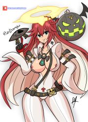 bodysuit breasts broken_halo candy green_eyes guilty_gear guilty_gear_strive jack-o'_valentine mask nipple_slip raydango red_hair solo