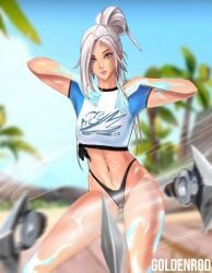 beach bikini_bottom blue_eyes blurry_background bottomless female goldenrod_(artist) jett_(valorant) looking_at_viewer palm_tree solo standing throwing_knife valorant white_hair