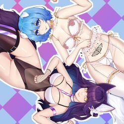 2girls absurdres animal_ears arm_strap bangs between_breasts blue_eyes blue_hair bra braid breasts choker cleavage estelle_new fishnet_gloves frills garter_belt gloves hair_ornament hasegawa_aika highleg highleg_leotard highres indie_virtual_youtuber kawanmushi large_breasts leotard lingerie long_hair looking_at_viewer multiple_girls navel panties pubic_hair purple_hair see-through short_hair shoulder_tattoo single_glove slit_pupils smile tattoo thigh_gap thighhighs underwear virtual_youtuber wide_hips yellow_eyes