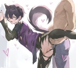 2023 2boys 2d 2d_(artwork) against_wall animal_ears animal_tail black_nails cum cum_from_ass cum_in_ass cum_inside cum_leaking dark_purple_hair dog_boy femboy from_behind from_behind_position gay gay_anal gay_sex hands_on_thighs heart heart-shaped_pupils indie_virtual_youtuber light-skinned_male light_skin male male/male male_focus male_only male_penetrated male_penetrating male_with_painted_nails nipples partially_retracted_foreskin penis ripped_clothing ripped_pants shoto shoto_(vtuber) standing standing_sex tears topless uncircumcised unseen_male_face virtual_youtuber vtuber white_background wolf_boy wolf_humanoid yaoi