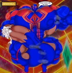 boner cum erection hyper hyper_balls hyper_cock hyper_genitalia hyper_penis hyper_testicles kindaporn male_focus male_only marvel miguel_o'hara muscle muscles muscular muscular_male nipple_bulge solo solo_male spider-man spider-man:_across_the_spider-verse spider-man_(series) spider-man_2099 tight_clothing