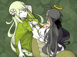 1futa 1girls angel angel_girl angel_halo areolae big_breasts big_penis blonde_hair blush bottomless bow breasts clothed clothing colored_skin cum duo erection female female_on_futa funamusea futa_on_female futanari green_hair grey_hair hairbow hakayu halo humanoid humanoid_penis long_hair mostly_clothed nipples non-web_source on_back paizuri penis red_eyes sin_(funamusea) sol_(funamusea) white_skin