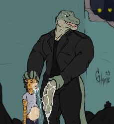 adult_male after_rape after_sex age_difference alley alligatorid anthro better_version_at_source big_muscles big_penis bodily_fluids clothed clothing crocodilian cub cum cum_drip cum_in_mouth cum_inside cum_on_face dennis_(dennistherapeygator) digital_media_(artwork) dripping duo excessive_cum excessive_genital_fluids felid forced forced_oral fur genital_fluids genitals hair hair_grab hi_res homeless huge_cock hunterramirez inflation male male/male male_cub male_only mammal messy muscular muscular_anthro muscular_male oral pantherine penis public rape reptile scalie sex size_difference smile tiger torn_clothing touching_hair trash_bag young