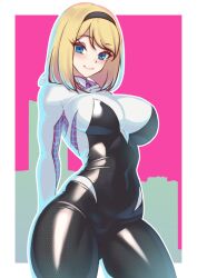 1girls big_breasts big_thighs black_clothing blonde_female blonde_hair blue_eyes bodysuit breasts female gwen_stacy hairband marvel marvel_comics short_hair skin_tight skintight smile smiling solo solo_female spider-gwen superhero_costume superheroine thighs volyz white_clothing