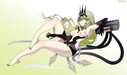 absurdres armpits bare_legs barefoot breasts clawed_gauntlets claws clothing_cutout commentary crown elbow_gloves feet female gloves green_hair highres honkai_(series) honkai_impact_3rd long_hair looking_at_viewer mobius_(honkai_impact) nail_polish navel navel_cutout ninai nipples smile solo symbol-only_commentary toenail_polish toenails toes