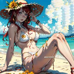 1girls ai_generated beach bikini bracelet breasts cleavage detached_collar earrings female female_only floral_print hat hoop_earrings jewelry lipstick looking_at_viewer makeup mature mature_female milf mrvectorpath nai_diffusion naruto naruto_(series) naruto_shippuden outdoors pinup purple_eyes red_hair seaside solo solo_focus stable_diffusion straw_hat swimsuit uzumaki_kushina watermark