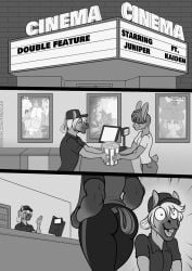 5_fingers anthro ass clothed clothing comic duo english_text equid equine fingers food freckles_(artist) horse juniper_(freckles) lagomorph leporid male mammal movie_theater open_mouth open_smile popcorn rabbit shirt smile tail text topwear