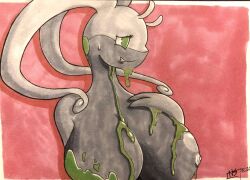 1girls anthro artist_signature drawn female female_only generation_6_pokemon goodra green_eyes green_slime hand_drawn large_breasts nintendo nipple pokemon pokemon_(species) red_background slime smile