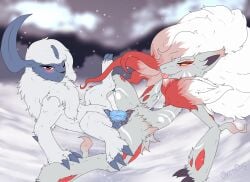 absol anthro barndog blep blush dildo dildo_in_pussy dildo_insertion dildo_sharing duo female female/female feral generation_3_pokemon generation_5_pokemon genitals hi_res hisuian_form hisuian_zoroark juice_(disambiguation) nintendo penetration pokemon pokemon_(species) pussy regional_form_(pokemon) sex_toy sex_toy_in_pussy sex_toy_insertion snow tongue tongue_out vaginal_penetration yuri zoroark