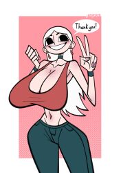 1female 2d_(artwork) belly_button big_breasts bracelets collar comfysaur dana_(comfysaur) dialogue dialogue_bubble earrings female_only light_skinned_female smile text thick_thighs white_hair