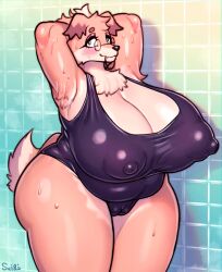 1girls anthro areola areola_bulge areolae armpit_hair armpit_tuft armpits artist_logo artist_name artist_signature big_ass big_breasts black_clothing black_swimsuit black_swimwear blush blush_lines blushing_at_viewer brown_ears brown_eyes brown_fur brown_tail busty canid canine digital_media_(artwork) domestic_dog eyebrows eyelashes eyeshadow female female_focus female_only floppy_ears furry furry_ears furry_female furry_only furry_tail glasses hair_band hair_tie massive_breasts mature_female milf neck_tuft nipple_bulge nipples nipples_visible_through_clothing oc one-piece_swimsuit original_character pussy pussy_visible_through_clothes retriever retriever_teacher_(sususuigi) shaded shadow steam steaming_body sususuigi swimsuit swimwear tail thick_ass thick_thighs thighs tight_clothes tight_clothing tight_swimsuit tight_swimwear tile_wall tiles tummy water watermark wet wet_body
