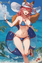 ai_generated closed_eyes fate/grand_order fate_(series) fox_ears fox_girl fox_tail innertube open_mouth swimsuit tamamo_no_mae_(fate) tamamo_no_mae_(swimsuit_lancer) touchfluffytails