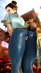 3d angry asian asian_female ass back back_view blender blue_dress brown_eyes brown_hair bubble_butt chinese_clothes chun-li city clothed clothing covering_ass covering_crotch covering_pussy day dress eyelashes female fingernails fingers hair hair_bun huge_ass leggings looking_at_viewer low-angle_view makeup milf older_female outdoors outside solo solo_female solo_focus street_fighter street_fighter_6 syclops thick_thighs tight_clothing wristwear