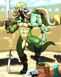 3boys 60percentscalie anthro crocodilian gladiator humanoid male_only rain_(sek-raktaa) reptile sek-raktaa sek-raktaa_(series) victory