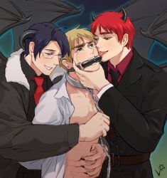 3boys alfred_jones america_(hetalia) axis_powers_hetalia bit_gag bite bite_mark blue_eyes blue_hair bondage character_request collar crying demon demon_boy demon_horns demon_wings drool drooling dubcon dubious_consent dyed_hair gag gagged gay glasses imminent_rape imminent_sex incubus licking licking_face male male/male/male male_focus male_nipples male_only maledom malesub multiple_boys necktie red_hair restrained suit tears threesome tie tied_up vuri yaoi