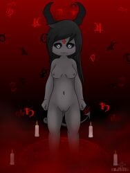 black_hair breasts candle clitoris demon eve_(the_binding_of_isaac) female genitals grey_eyes hair hi_res horn humanoid long_hair nipples pussy silavos solo spade_tail summoning_circle tail the_binding_of_isaac watermark