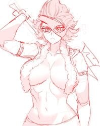 axe backup_(pixiv) big_breasts cleavage domino_mask female female_only genderswap_(mtf) inner_sideboob mask monochrome no_bra one_piece rule_63 short_hair sketch solo vest weapon x_drake