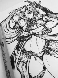 black_and_white cleavage full_lips makini_draws mole_under_mouth original_character skimpy sword thick_thighs thigh_strap thin_waist wide_hips