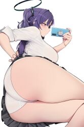 ass_focus blue_archive cellphone doodle_sensei_(blue_archive) gigantic_ass gigantic_hips gigantic_thighs huge_breasts lying_on_side millennium_science_school_student painted_fingernails panties school_uniform seminar_(blue_archive) simple_background solo taking_selfie thick_ass thick_thighs white_background wide_hips yuuka_(blue_archive) yzr_(yzr99)