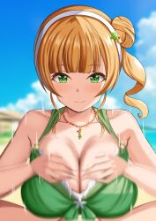 1boy 1girls absurdres bare_shoulders beach bead_necklace beads bikini blonde_hair blue_sky blush breasts closed_mouth cloud collarbone day female frilled_bikini frills green_bikini green_eyes hair_bun hairband heanna_sumire highres jewelry large_breasts light-skinned_female light-skinned_male light_skin love_live! love_live!_superstar!! mero_en_e motion_blur motion_lines necklace one_side_up outdoors paizuri paizuri_under_clothes pov pov_crotch sky smile straight swimsuit textless_version white_hairband