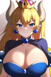 1girls ai_generated big_breasts blonde_hair blue_eyes bowsette breasts bust_portrait cleavage clothing earrings eyebrows_visible_through_hair female female_only horns long_hair looking_at_viewer mario_(series) new_super_mario_bros._u_deluxe nintendo noncomposmentis novelai smile solo