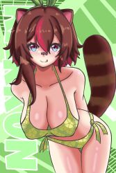 bikini bikini_top blue_eyes breasts brown_hair clear_skin cosplay go-toubun_no_hanayome green_background green_bikini green_bra green_panties green_ribbons latam_virtual_youtuber looking_at_viewer nipples_visible_through_clothing oppai owozu purple_eyes raccoon raccoon_ears raccoon_humanoid raccoon_tail rakkun red_hair ribbon sondrykle virtual_youtuber vtuber vtuberfanart yellow_bikini yellow_bra yellow_panties youtube youtube_hispanic