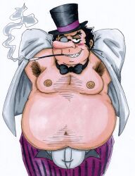 batman_(series) bhm big_belly big_bulge bulge caucasian dc dc_comics dilf fat hairy hairy_male lacimehc long_nose male male_only mature_male oswald_cobblepot overweight overweight_male smoking solo the_penguin top_hat white_background