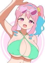 absurdres arm_up armpits bare_shoulders bikini blue_hair blurry blurry_foreground blush breasts cleavage earrings eyewear_on_head female flower green_bikini hair_flower hair_ornament heart heart-shaped_eyewear highres hoop_earrings hozuki_kaede huge_breasts jewelry looking_at_viewer medium_hair multicolored_hair navel necklace nemaki_9 onii-chan_wa_oshimai! open_mouth pink_eyes pink_hair side_ponytail smile solo sunglasses swimsuit upper_body