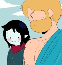 1boy 1girls accurate_art_style adventure_time aged_up areolae beard bigger_male blush breasts cape cartoon_network duo fangs finn_the_human fully_clothed girl_staring_at_guy's_chest long_hair looking_at_breasts looking_at_partner male male_focus marceline meme muscular muscular_male nervous pencilman pencilmandraws prosthetic prosthetic_arm scar scarf serious short_hair signature sweater sweating vampire