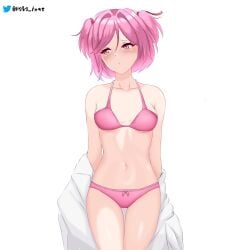 1girls alternate_version_available arms_behind_back bikini blush blush_lines breasts doki_doki_literature_club female female_only looking_to_the_side maka_arts matching_hair/eyes natsuki_(doki_doki_literature_club) pink_eyes pink_hair shirt_down small_breasts solo solo_female