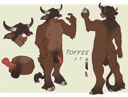 anthro artist_name backsack balls big_balls black_hair bovid bovine brown_body brown_fur cattle color_swatch erection front_view fur genitals green_eyes grey_hooves hair half-erect hi_res hooves horn male mammal medial_ringed_humanoid_penis model_sheet narrowed_eyes nipples nude penis rear_view red_nipples red_penis seraphictiger solo standing