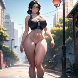 ai_generated big_breasts black_tank_top cixf glasses half_naked huge_breasts miss_pauling no_pants standing street team_fortress_2 thick_thighs