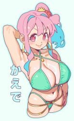 >:) absurdres arm_behind_head armpits belly bikini blue_hair blue_outline blush breasts bright_pupils character_name closed_mouth colored_inner_hair cowboy_shot criss-cross_halter cropped_legs curvy earrings female fingernails flower glo-s-s green_background green_bikini gyaru hair_flower hair_intakes hair_ornament halterneck hand_on_own_hip highres hoop_earrings hozuki_kaede huge_breasts jewelry long_fingernails long_hair looking_at_viewer multicolored_hair nail_polish navel necklace onii-chan_wa_oshimai! outline pink_eyes pink_hair pink_nails side_ponytail sidelocks simple_background smile solo swimsuit translated v-shaped_eyebrows wavy_hair