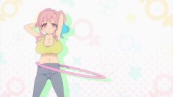 1girls animated anime_screencap arms_behind_head arms_up blue_hair blush bouncing_breasts bra breasts cleavage collarbone copyright_name female gluteal_fold highres hozuki_kaede huge_breasts hula_hoop jewelry jiggling_breasts leggings looking_at_viewer multicolored_hair navel necklace official_animation onii-chan_wa_oshimai! open_mouth pink_hair red_eyes shorter_than_10_seconds shorter_than_30_seconds side_ponytail solo sound sports_bra sportswear stomach tagme two-tone_hair underwear video yellow_bra