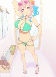 absurdres accurate_art_style arm_behind_head armpits bikini blue_hair breasts cleavage collarbone earrings eyewear_on_head female glasses gradient_hair green_bikini hand_on_own_hip heart heart-shaped_eyewear highleg highleg_bikini highres hoop_earrings hozuki_kaede huge_breasts jewelry lips looking_at_viewer multicolored_hair nail_polish navel onii-chan_wa_oshimai! pink_eyes pink_hair pink_nails ponytail sandals screencap sidelocks smile stitched stomach sunglasses sunglasses_on_head swimsuit thighs third-party_edit underboob