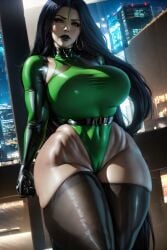 1girls ai_generated big_breasts big_thighs black_hair black_lipstick busty disney earrings female female_only green_eyes hoop_earrings hourglass_figure huge_breasts kim_possible long_hair muscular_female narrow_waist seductive_look shego solo supervillainess the_hotshot thick_lips thick_thighs villainess wide_hips