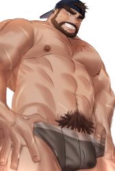 1boy abs arm_hair backwards_hat bara baseball_cap beard blush boxer_briefs brown_hair bulge chest_hair come_hither cowboy_shot dyzd1 excessive_pubic_hair facial_hair from_below grey_male_underwear grin hairy hat highres huge_eyebrows large_pectorals leg_hair male male_focus male_only male_pubic_hair male_underwear mature_male moustache muscular muscular_male navel navel_hair nipples one_eye_closed original pectorals penis penis_peek pubic_hair scar scar_on_arm scar_on_cheek scar_on_face short_hair smile solo solo_male thick_thighs thighs underwear wet wet_clothes wet_male_underwear