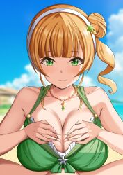 1boy 1girls absurdres bare_shoulders beach bead_necklace beads bikini blonde_hair blue_sky blush breasts closed_mouth cloud collarbone day female frilled_bikini frills green_bikini green_eyes hair_bun hairband heanna_sumire highres jewelry large_breasts light-skinned_female light-skinned_male light_skin love_live! love_live!_superstar!! mero_en_e necklace one_side_up outdoors paizuri paizuri_under_clothes pov pov_crotch sky smile straight swimsuit textless_version white_hairband