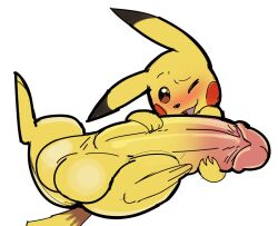 2020 big_penis blush digital_drawing_(artwork) digital_media_(artwork) erection feral generation_1_pokemon genitals hand_on_penis hyper lying male nintendo on_back one_eye_closed open_mouth penis pikachu pokemon pokemon_(species) simple_background solo solo_focus tail trooper036 wink yellow_body