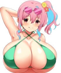 armpits bikini blue_hair breasts female green_bikini hozuki_kaede huge_breasts licking_lips looking_at_viewer multicolored_hair onii-chan_wa_oshimai! pink_hair red_eyes side_ponytail standing swimsuit teruwo_sun tongue tongue_out upper_body white_background