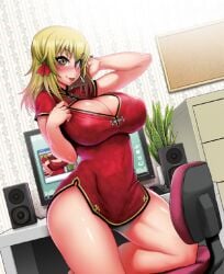 1girls anime_style bangs bare_arms bare_legs bare_thighs big_breasts blonde_hair blush blushing_at_viewer blushing_female boob_window breasts chinese_clothes chinese_dress computer curvaceous curvy curvy_body curvy_female curvy_figure curvy_hips detailed_background earrings eyebrows_visible_through_hair facing_viewer female female_focus female_only golden_eyes hair_ribbon hips hourglass_figure indoors inner_sideboob inner_thighs light-skinned_female light_skin long_hair looking_at_viewer lowres no_pants pashmina playful playful_smile red_dress rojiura_jack sawashiro_asuka seductive seductive_eyes seductive_gaze seductive_look seductive_pose seductive_smile sideboob skin_tight solo solo_focus soushi_souai_junai_mellow_yori thick_thighs thighs tight_clothes tight_clothing tight_fit voluptuous voluptuous_female