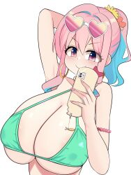 armpits big_boobs bikini blue_hair bracelet flower flower_in_hair flowers glasses glasses_on_head green_clothing hozuki_kaede huge_breasts kurorettsu onii-chan_wa_oshimai! pink_and_blue_hair pink_eyes pink_hair ponytail purple_eyes selfie skinny swimsuit white_background white_skin