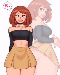 1girls 2022 ass blush breasts brown_eyes brown_hair choker collarbone earrings female female_focus female_only fingers_together hands_behind_back heart high-waist_skirt hoop_earrings jakuson_z looking_at_viewer medium_hair midriff_baring_shirt my_hero_academia ochako_uraraka off_shoulder shoulders skirt smile solo solo_female solo_focus spoken_heart thick_thighs thighs uraraka_ochako white_background